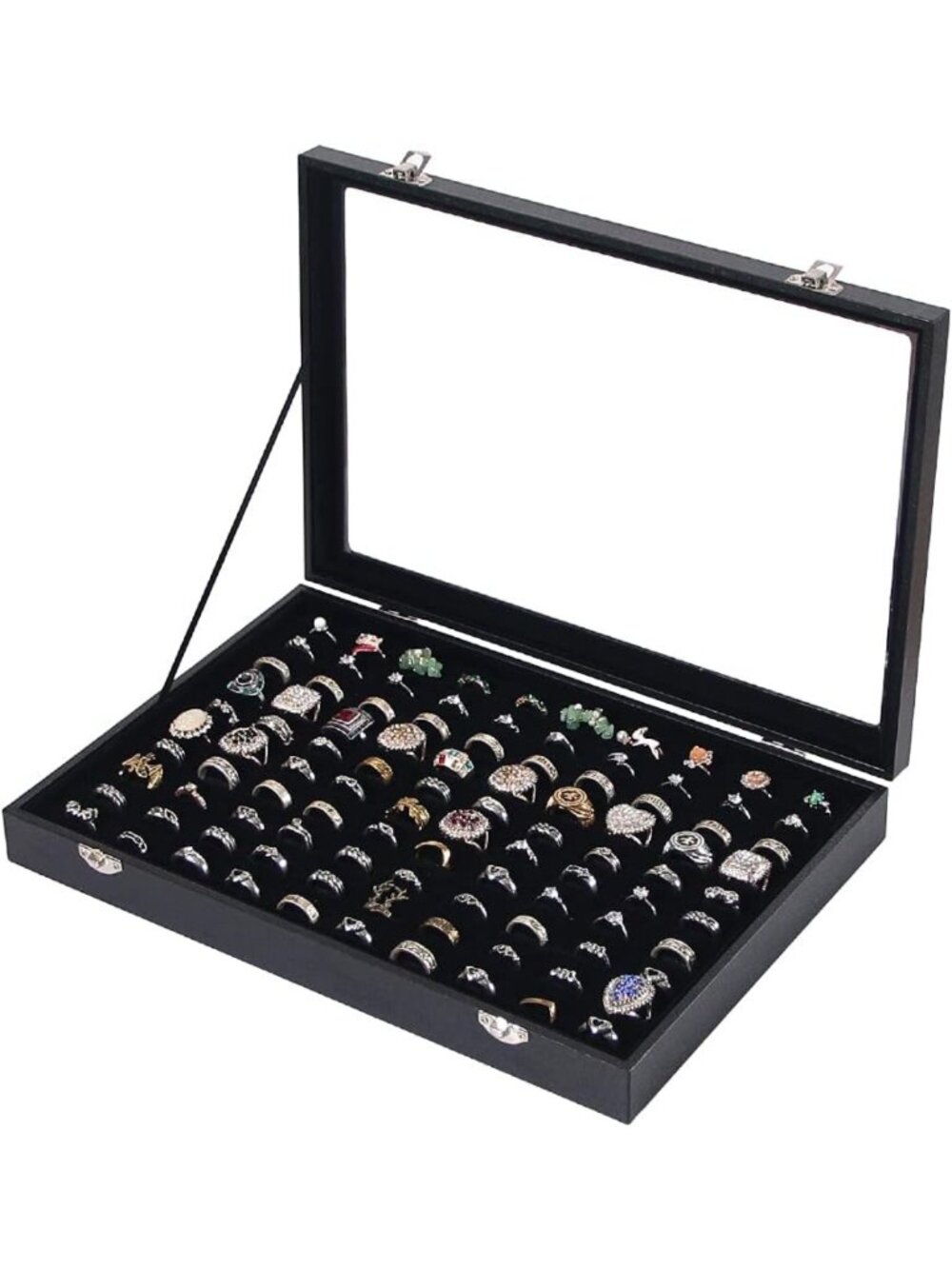 Jewelry Organizer Box with Glass Lid, Ring Holder & Earring Storage Tray - 100